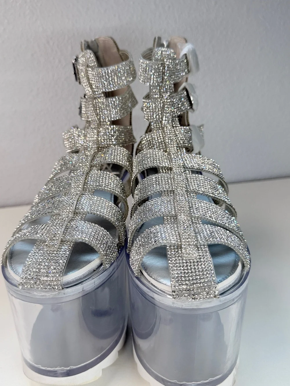 Rhinestone Sparkle Platform Sandals Clear Fillable bottom Shoes Size 9 Fun